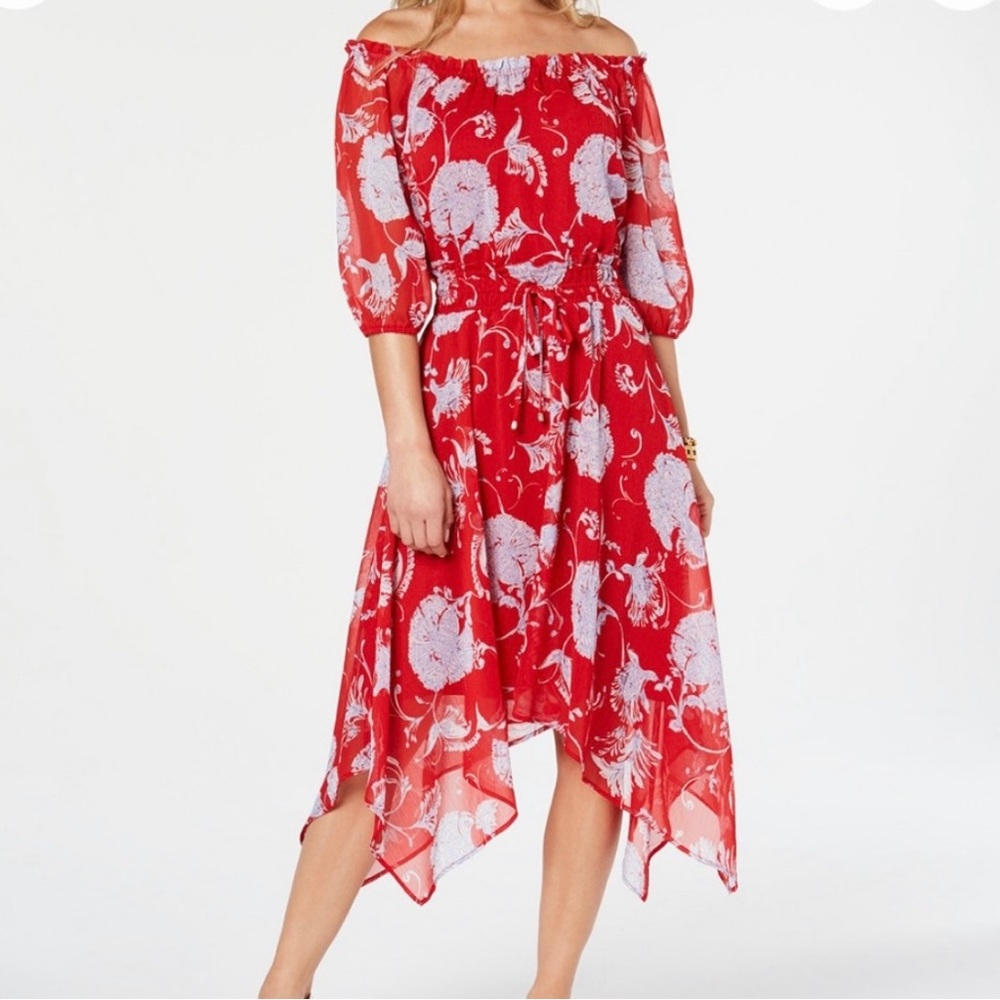 Tommy Hilfiger Red Dress Blue Floral Chiffon Off The Shoulder Flowy Boho Sz 2